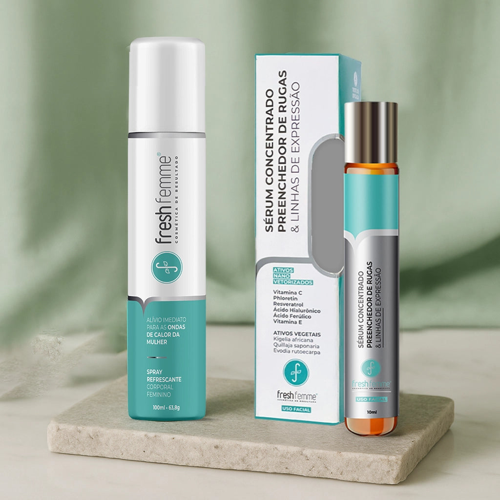 Kit Spray Refrescante Para Calores Menopausa FreshFemme + Sérum Concentrado Preenchedor de Rugas e Linhas de Expressão FreshFemme