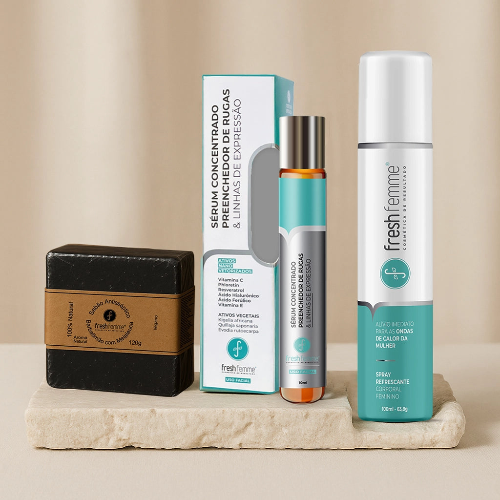 Kit Spray Refrescante Para Calores Menopausa + Sérum Concentrado + Sabonete Antisséptico Natural de Barbatimão com Melaleuca FreshFemme