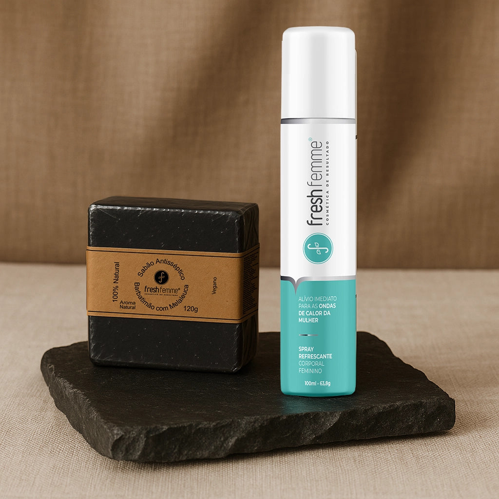 Kit Spray Refrescante Para Calores Menopausa + Sabonete Antisséptico Natural de Barbatimão com Melaleuca FreshFemme