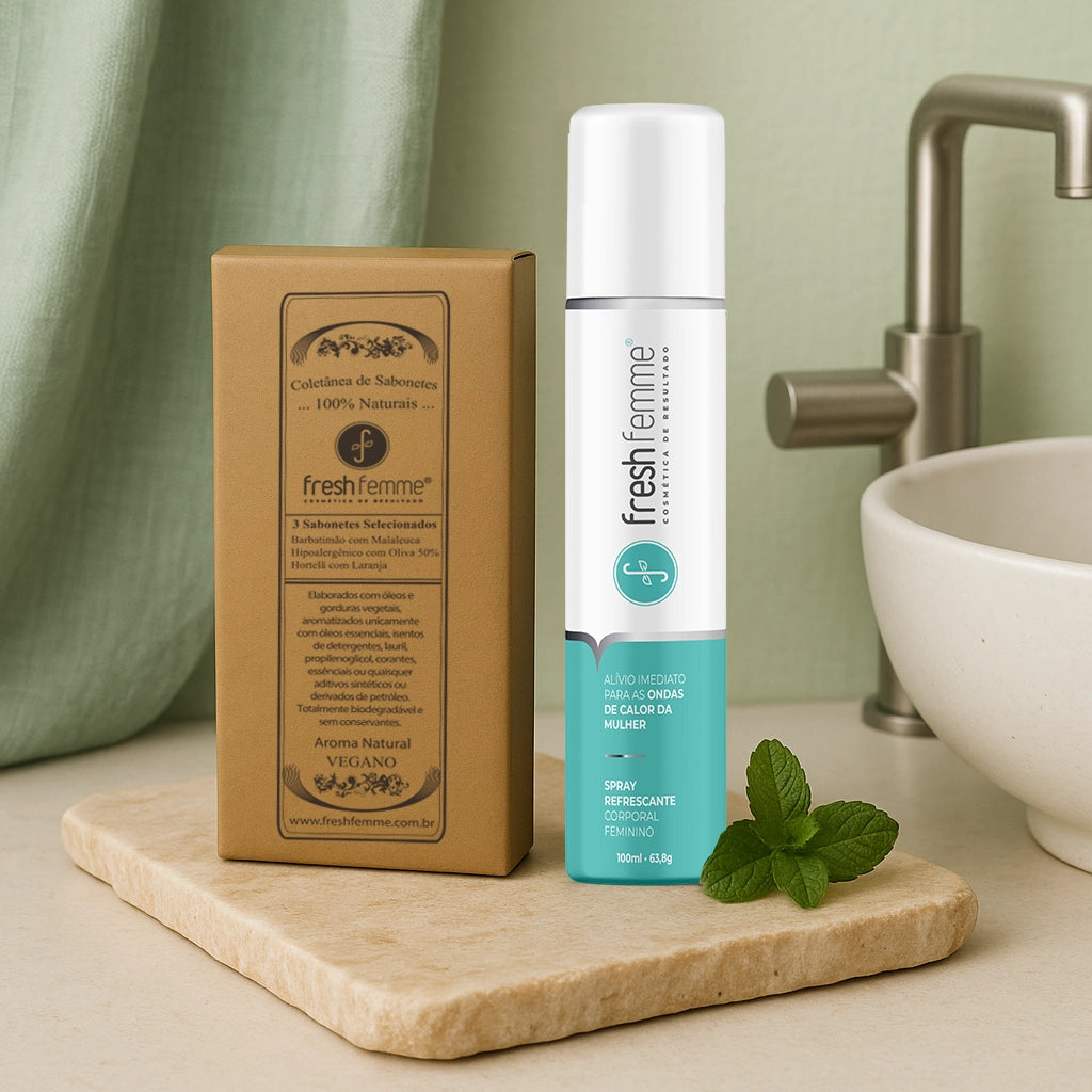 Kit Spray Refrescante Para Calores Menopausa + Kit de Sabonetes Naturais & Veganos com 3 unidades FreshFemme