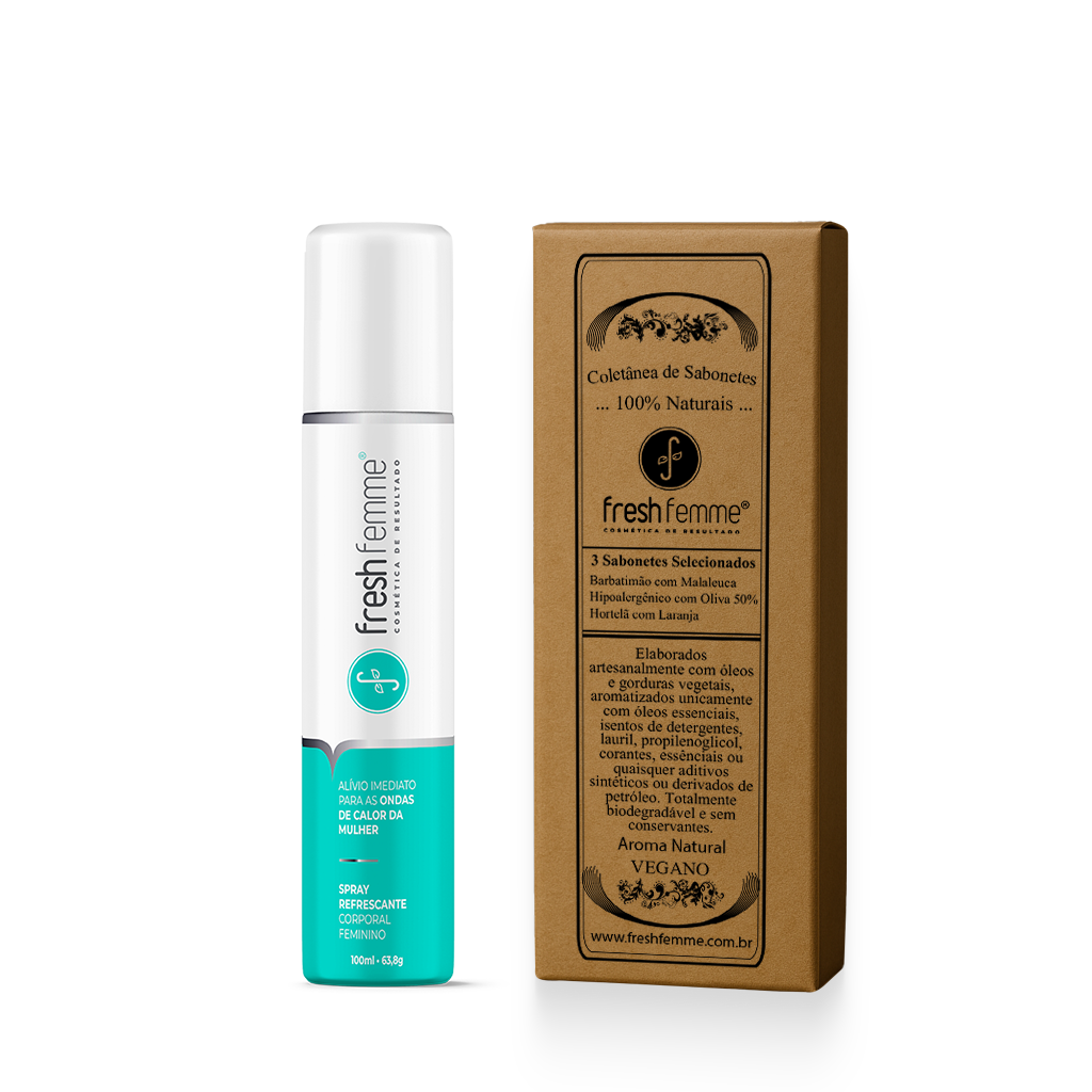 Kit Spray Refrescante Para Calores Menopausa + Kit de Sabonetes Naturais & Veganos com 3 unidades FreshFemme